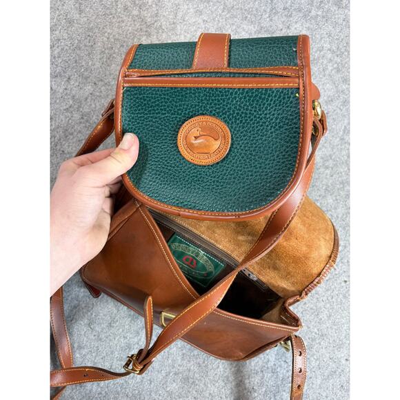 Dooney & Bourke Handbags - Vintage 80s Dooney & Bourke All Weather Leather Saddle Bag Turn Lock Green Brown